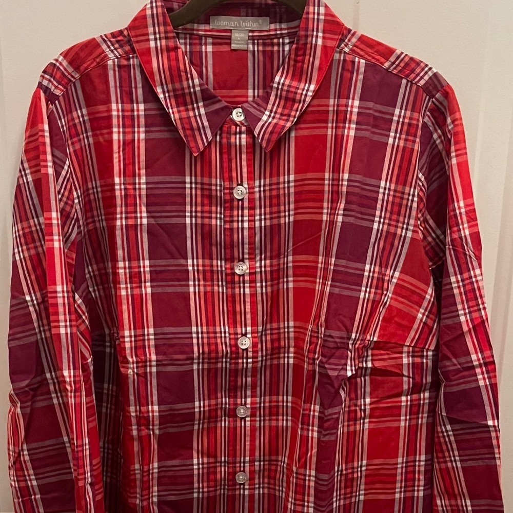 Woman Within Red Plaid Button Down Shirt Long Sleeve Cotton Blend 18/20 L 1X